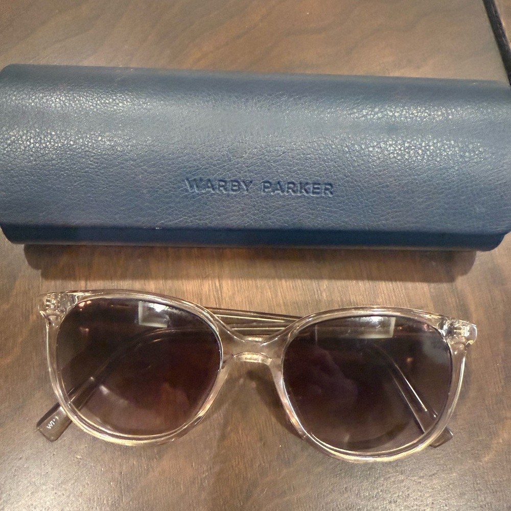 Warby Parker Transparent Sunglasses with Navy Case—Elderflower Crystal